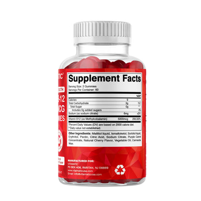 Vitamatic Extra Strength Vitamin B12 5000 mcg (Methyl B12) Gummies - 120 Count - Energy Metabolism Support and Nervous