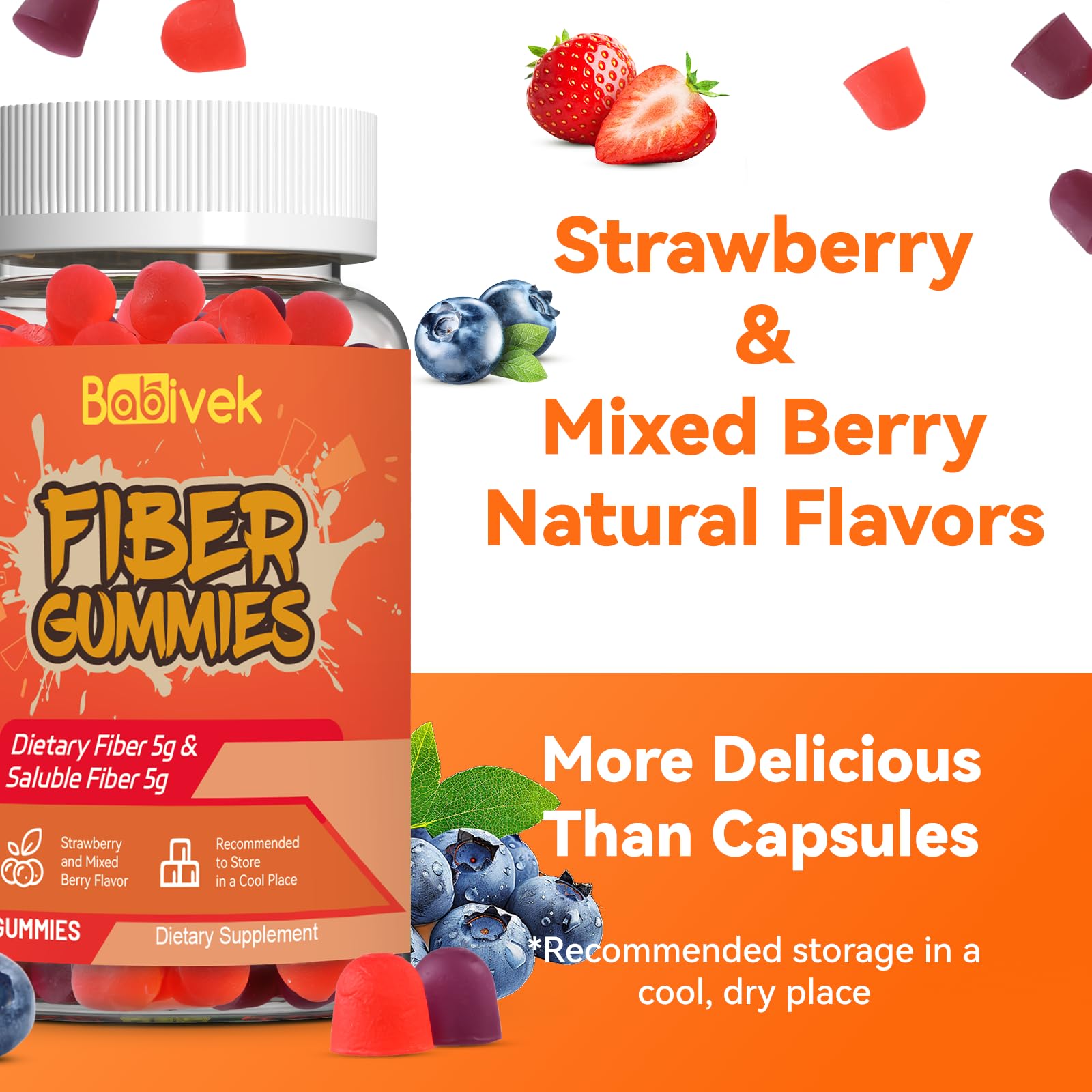 Babivek Fiber Gummies for Women and Men – Dietary Fiber, Gut Health Support, Vegan, Non-GMO, Non-Gluten, Mixed Berry & Strawberry Flavors, 60 Count(Pack of 2)