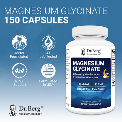 Dr. Berg Magnesium Glycinate 150ct – 4-in-1 Chelated for Muscle, Nerve, Sleep & Stress Support*– w/ D3, B6 & Zinc – 4X Lab-Tested – No Fillers – Formulated in USA, GMP-Certified Dr. Berg Nutritionals buy supplements Au