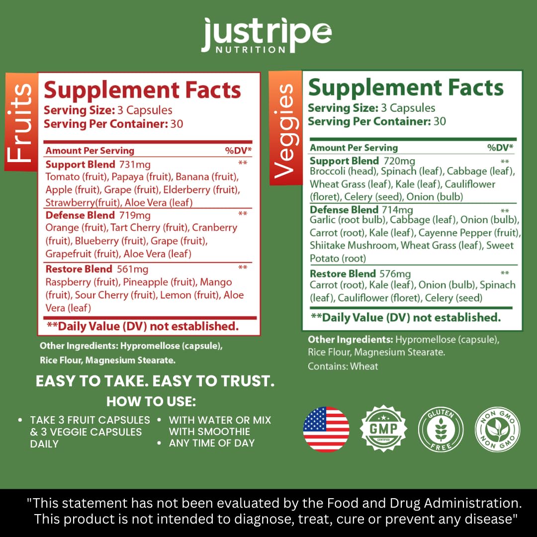 Fruits and Veggies Supplement - 90 Fruit and 90 Vegetable Capsules - 100% Whole Natural Superfood - Filled with Super Greens Vitamins and Minerals - Supports Balance Energy Levels (1 Pack) Just Ripe NutritionBuy Supplements Australia