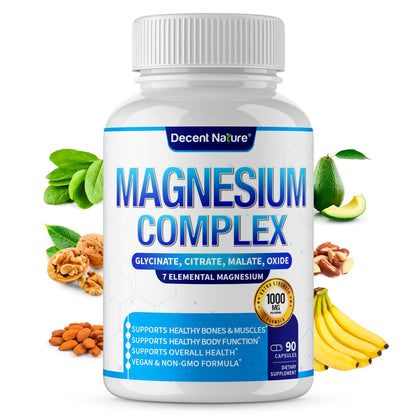 Bottle of Decent Nature Magnesium Complex supplement with health benefits listed on a white background.