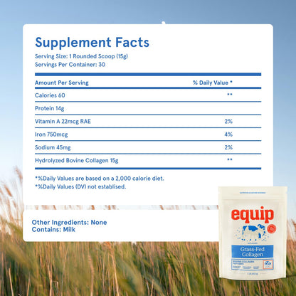 Equip Foods Grass Fed Collagen Powder | Hydrolyzed Bovine Collagen Peptides with Amino Acids | Prime Beef Collagen for Healthy Joints, Skin & Nails | Non-GMO, Paleo Friendly
