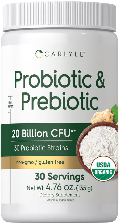 Carlyle Probiotic and Prebiotic Powder | 20 Billion CFU | 4.76 oz | Organic Fiber Blend | for Women and Men | Vegetarian, Non-GMO,