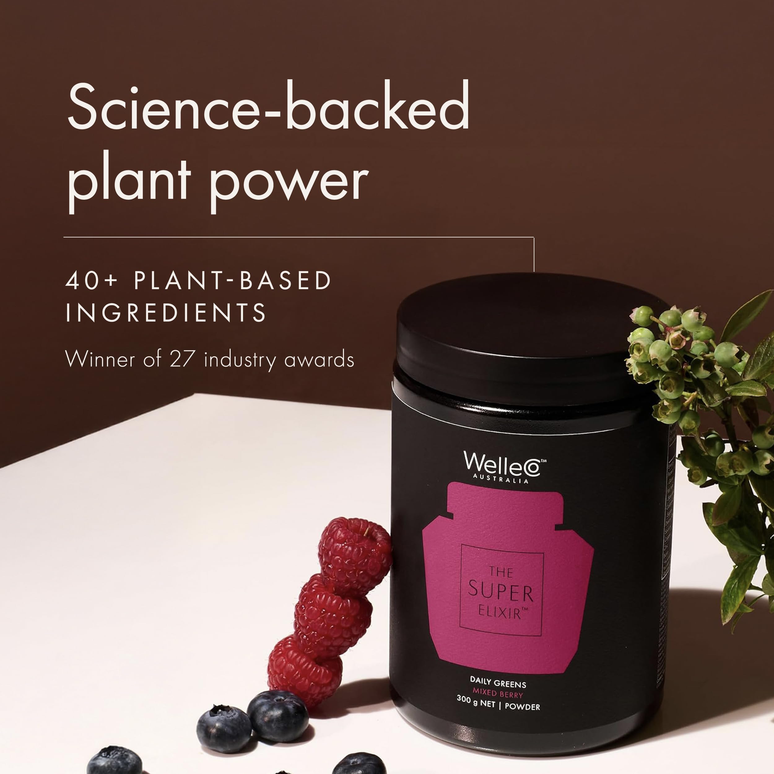 WelleCo The Super Elixir Daily Greens Powder, Probiotic Drink Mix with Whole Foods, Gluten Free, Vegan Gut Health Powder, Energy, Immunity, Healthy Skin, Hair & Nails (300g, Mixed Berry) WelleCoBuy Supplements Australia