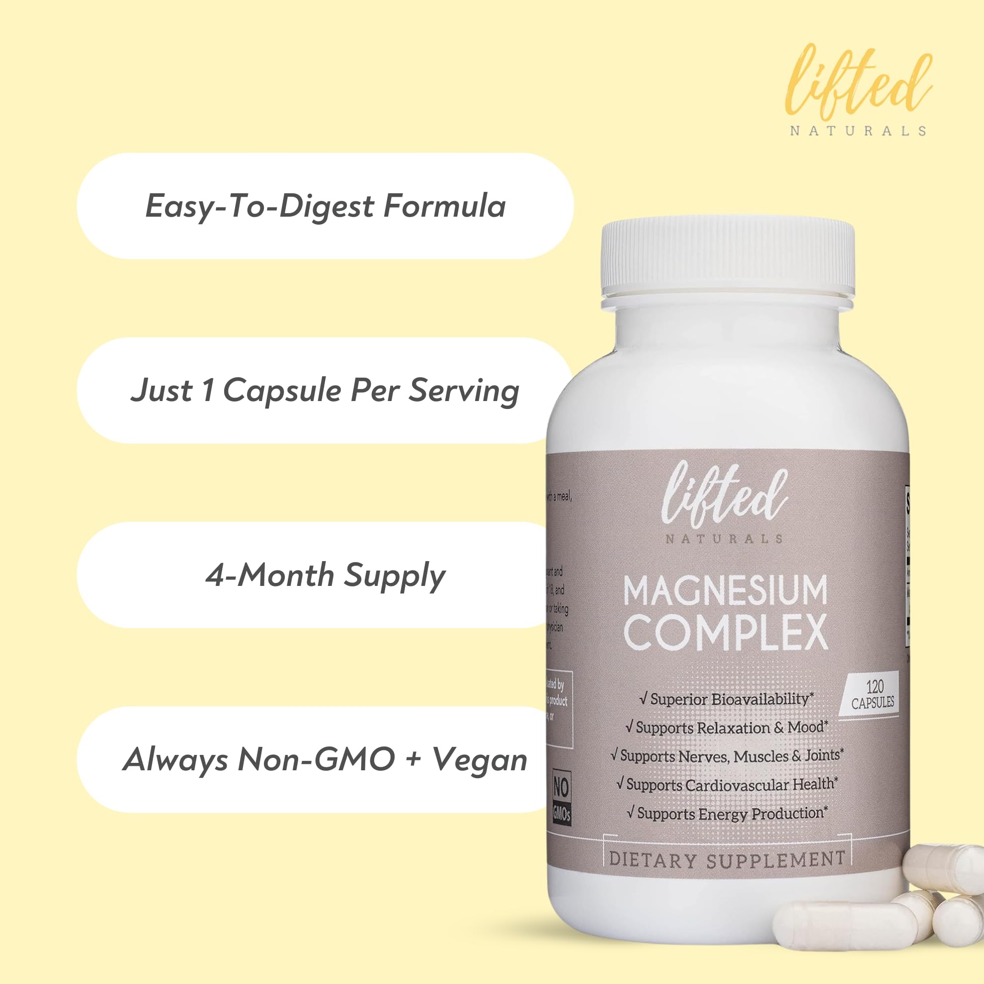 Magnesium Complex - Lifted Naturals Magnesium Supplement w/Bisglycinate, Malate, Taurate - 120 Capsules - Bioavailable Magnesium Formula for Mood, Sleep, Energy Support* Lifted Naturals buy supplements Au