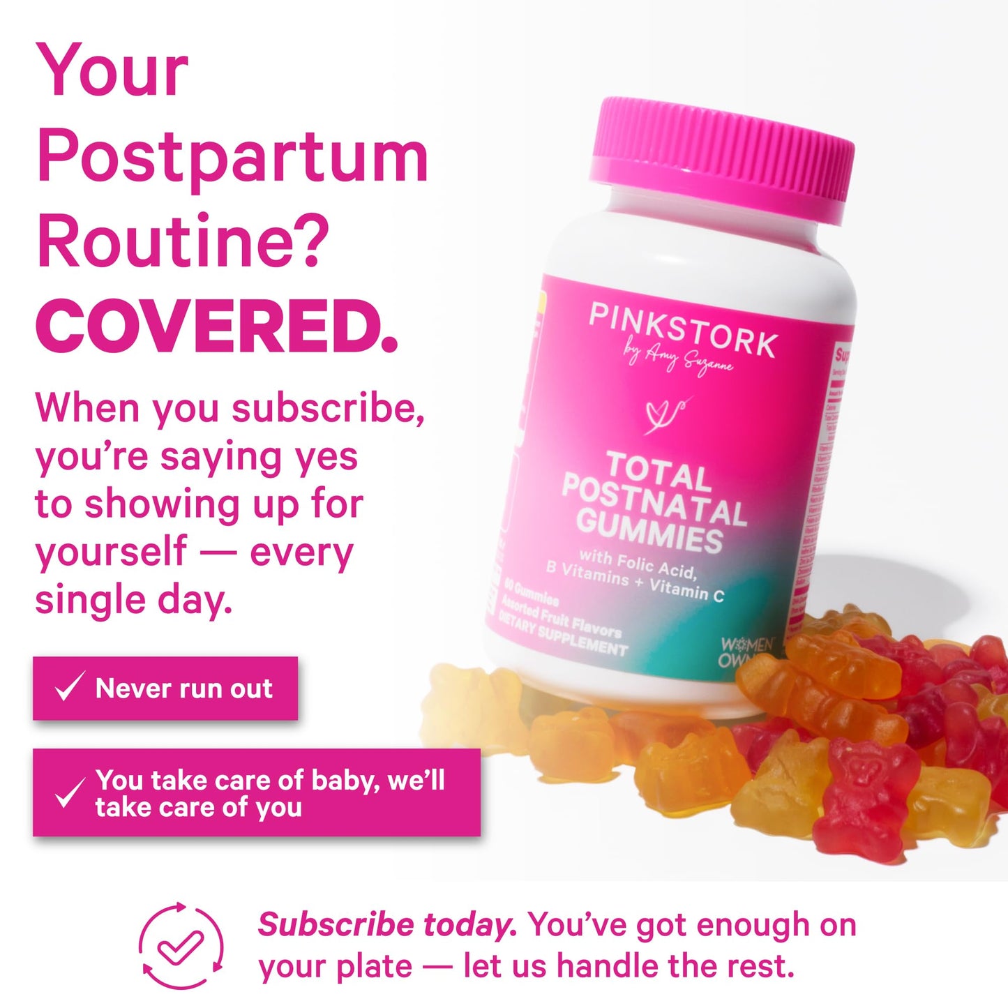 Pink Stork Total Postnatal Vitamin Gummies - Multivitamin for Postpartum Recovery and Lactation Support - Folic Acid, B6, and Vitamin C