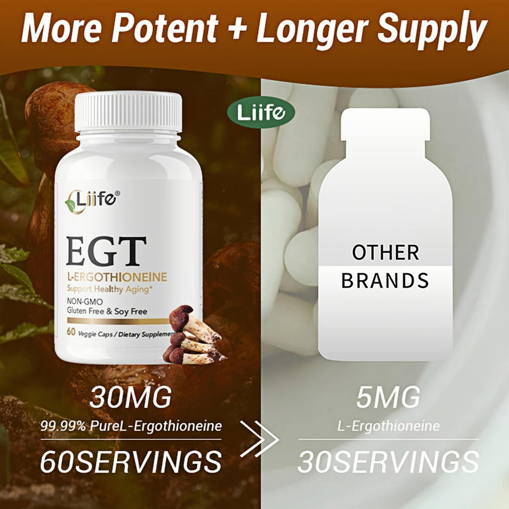 LIIFE L-Ergothioneine Supplement (EGT) 30mg,Compound Antioxidant Supplement (May Support Longevity and Healthy Aging) Promotes Skin Health，60 Capsules，Non-GMO, Gluten Free, Vegan Safe LIIFE buy supplements Au