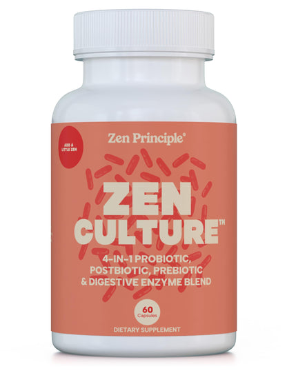 Zen Principle Zenculture™ – 4-in-1 Synbiotic Supplement (Probiotic + Prebiotic + Postbiotic + Digestive Enzymes) with CoreBiome®. Anti Bloating