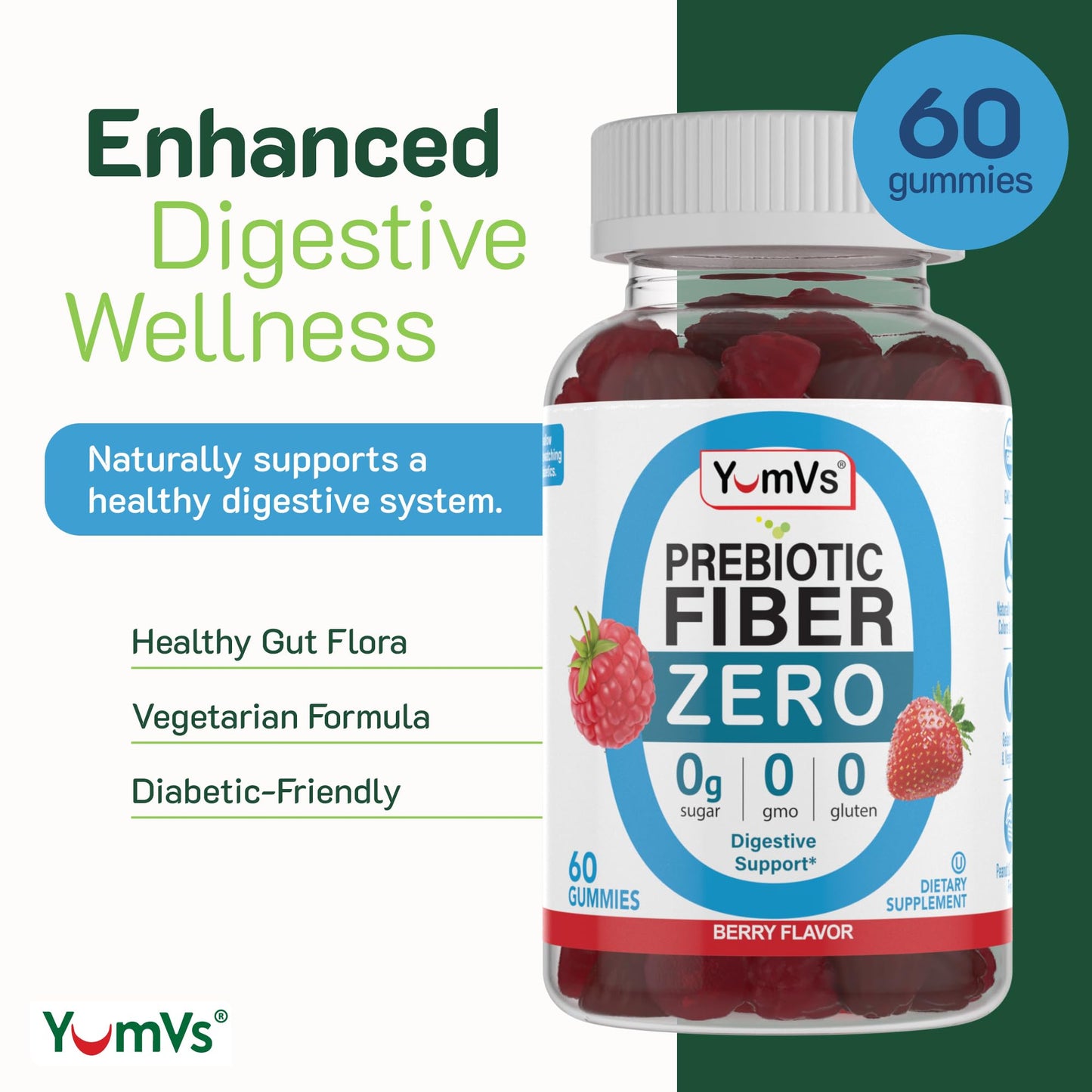YumVs Sugar Free Prebiotic Fiber Gummies for Adults and Kids - Berry Flavor - Kosher Halal 4g High Fiber Supplement for Women and Men
