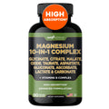 Supplement bottle labeled 'Magnesium 10-in-1 Complex' with 'High Absorption' label on a white background