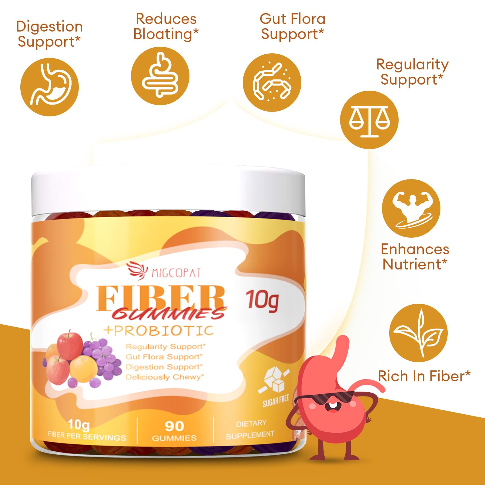 Migcopat 10G Fiber Gummies with Probiotics, Fiber Supplement with 30 Billion CFU Probiotics Blend, ACV, Vitamin C, Inulin - Support Digestive Health