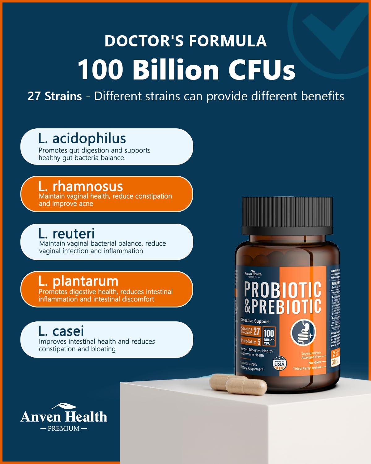 Anven Health 100 Billion Probiotics for Men and Women 27 Strains 5 Organic Prebiotics for Gut Digestive & Immune Health, Supports Diarrhea Gas Bloating