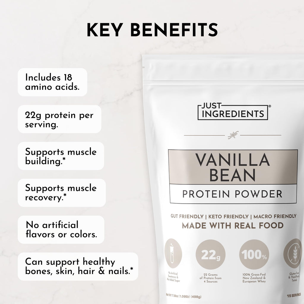 JUST INGREDIENTS Vanilla Protein Powder - Grass-Fed Whey Blend, Organic, Gluten Free, Dairy Free, Soy Free - 15 Servings, 22g Protein