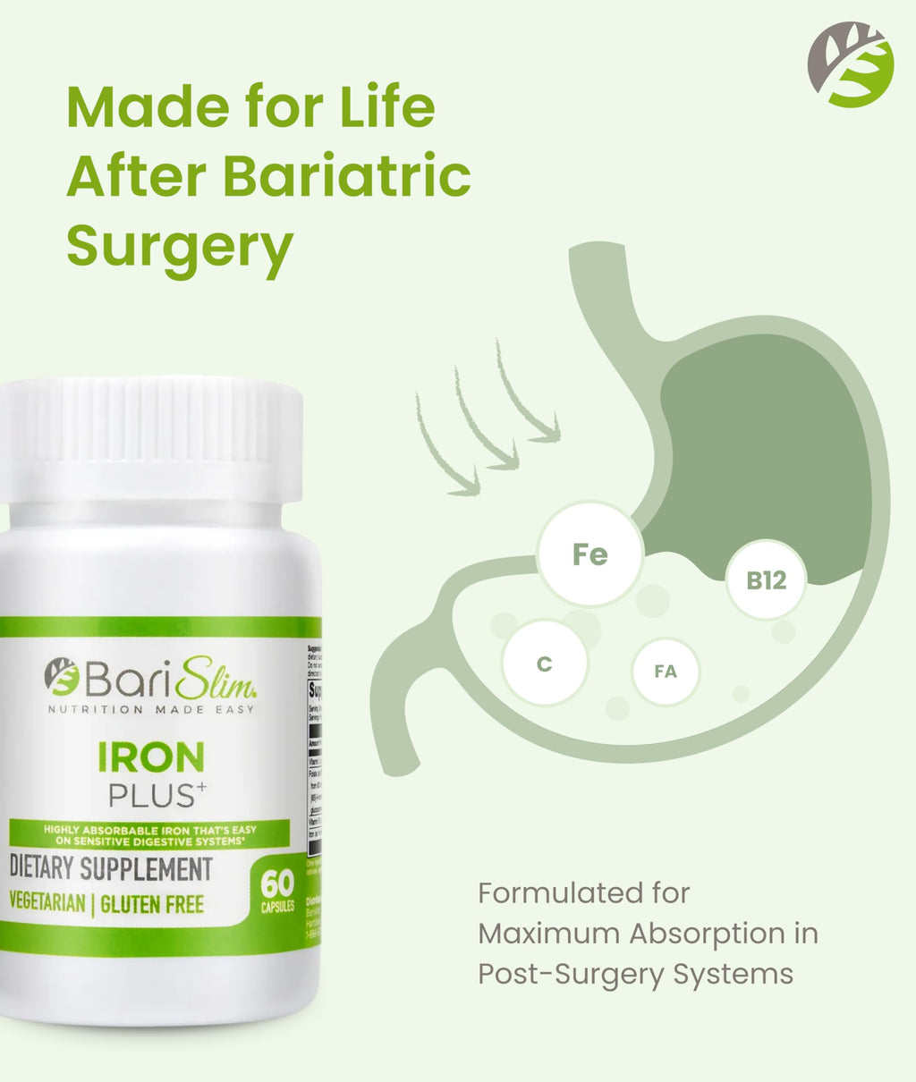 BariSlim Iron Plus Capsules - Formulated for Patients After Weight Loss Surgery Including Gastric Bypass & Gastric Sleeve – Easy Digestion & Comprehensive Health Support | 2 Month Supply (60 Servings) BariSlim buy supplements Au