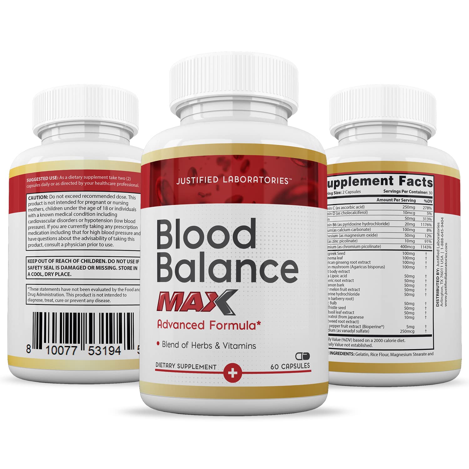 Justified Laboratories (2 Pack Blood Balance Max 1295MG Formula Supplement Pills 120 Capsules Justified LaboratoriesBuy Supplements Australia