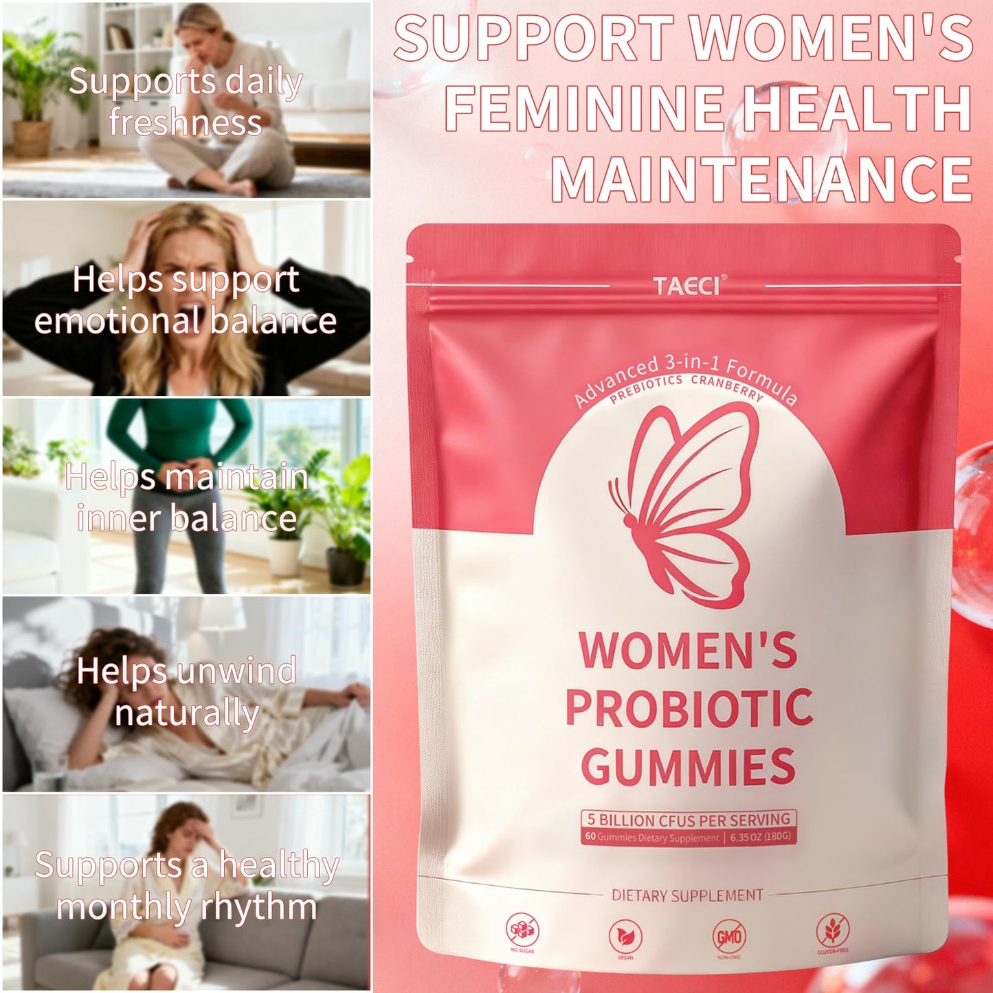 Taeci Vaginal Probiotic Gummies for Women – 5 Billion CFU with Prebiotic & Cranberry Extract – Supports pH Balance, Healthy Odor & Gut Health