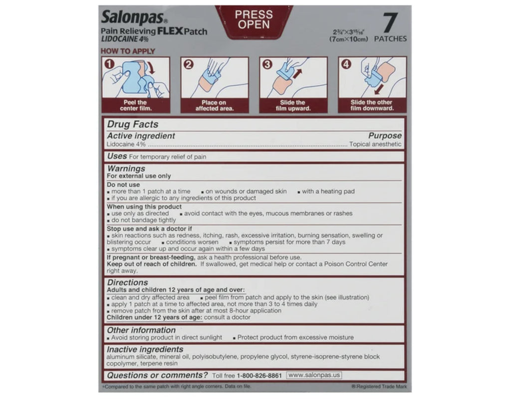 Salonpas Temporary Pain Relieving Flex Patch with Lidocaine 4%, Maximum OTC Strength, Stretchable Thin Fabric, Strong Adhesion, Contours to Body, Apply for Up to 8 Hours 7 ct (Pack of 2) SalonpasBuy Supplements Australia