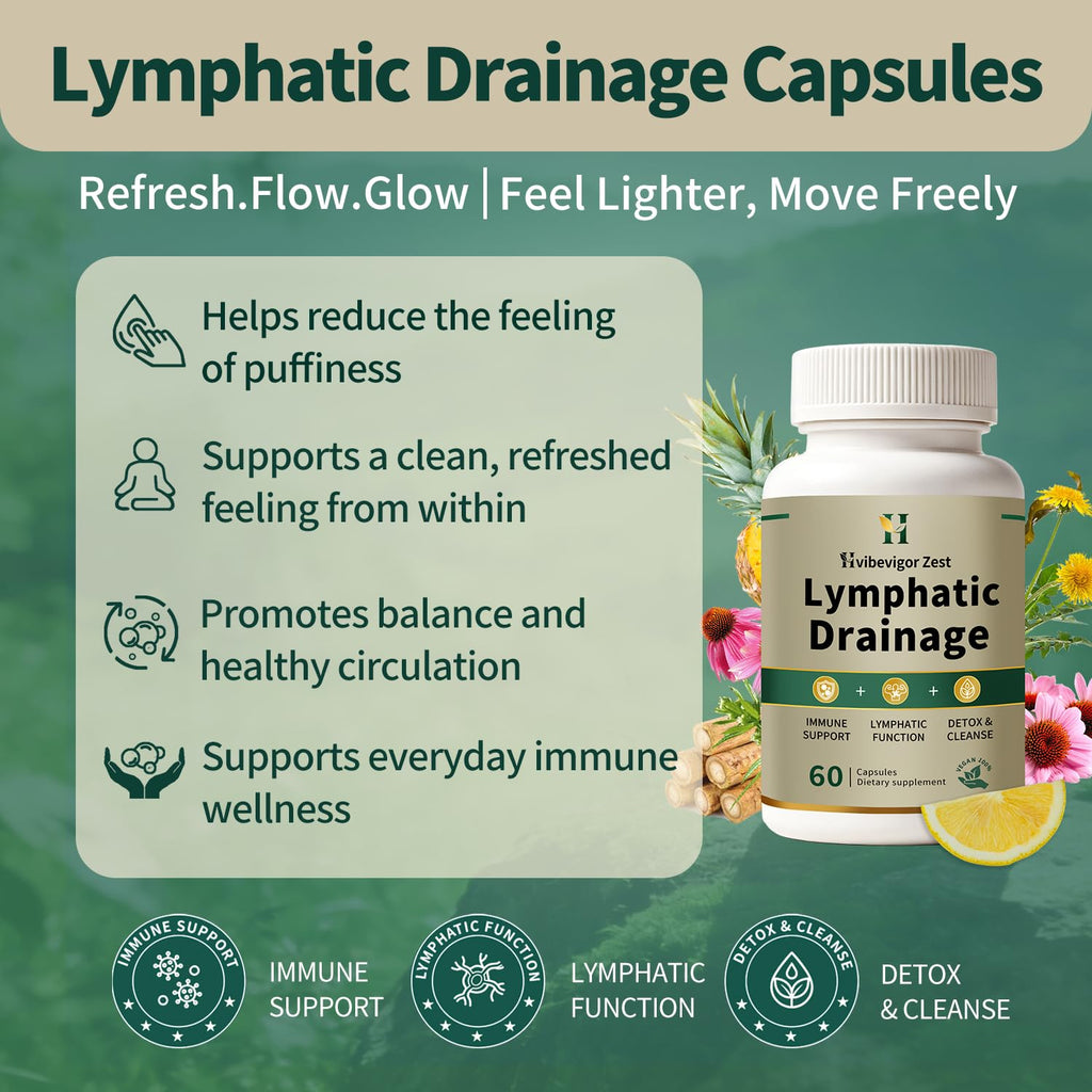 Lymphatic Drainage Supplement – Natural Herbal Formula with Dandelion, Burdock & Echinacea, Supports Fluid Balance, Immune Health & Cellulite Reduction – 60 Capsules HVibeVigor Zest buy supplements Au