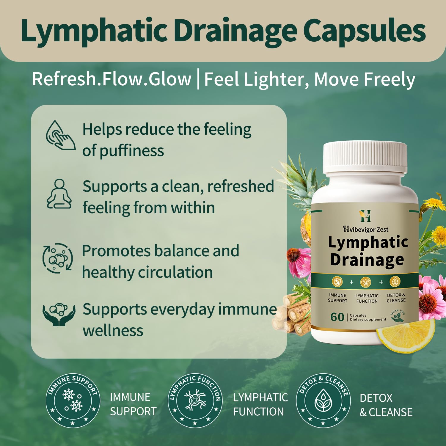 Lymphatic Drainage Supplement – Natural Herbal Formula with Dandelion, Burdock & Echinacea, Supports Fluid Balance, Immune Health & Cellulite Reduction – 60 Capsules HVibeVigor Zest buy supplements Au