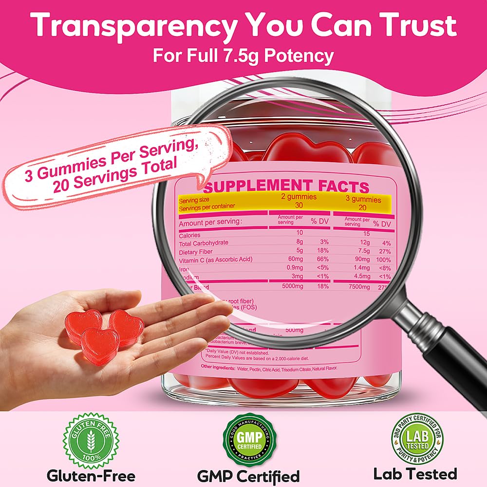 Fiber Gummies 7500mg, Probiotics & Digestive Enzymes, Sugar-Free, Vegan & Gluten-Free Supplement for Gut Health, Bloating Support & Regularity,