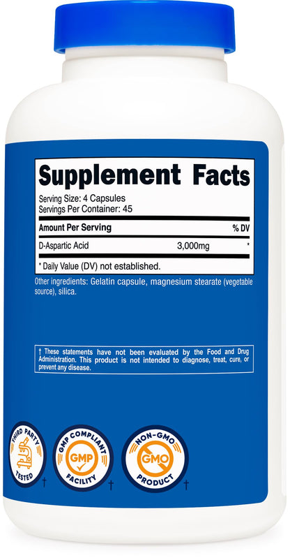 Nutricost D-Aspartic Acid (DAA) Capsules 3000mg Per Serving (180 Capsules) - Non-GMO