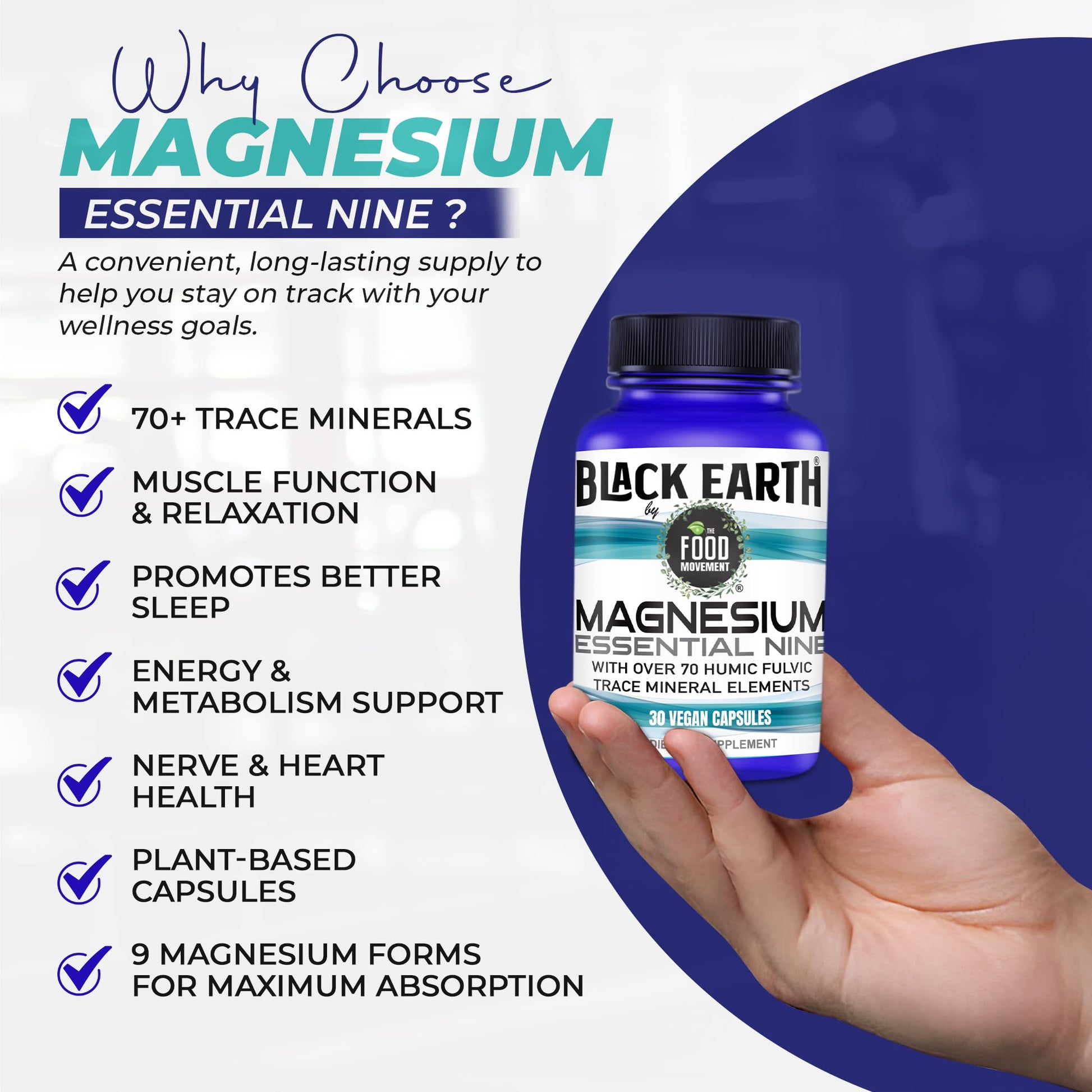 The Food Movement Co. Black Earth Magnesium Essential Nine - Vegan Capsules with Magnesium Glycinate, Citrate, Malate and More - 9 Bioactive Forms for Optimal Health (30 Count) THE FOOD MOVEMENT CO. buy supplements Au