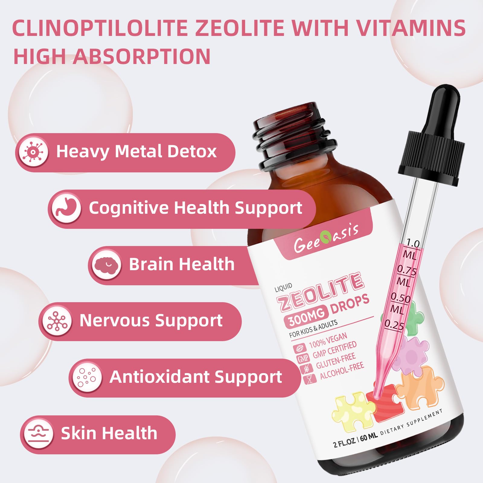 Geeoasis Zeolite Detox for Kids & Adults, 300 mg Zeolite Clinoptilolite Liquid with Vitamin B12 & D3, Vitamin C & Zinc Gluconate, Immune Support & Gut Health, Natural Strawberry Flavor, 2 Fl Oz GeeoasisBuy Supplements Australia