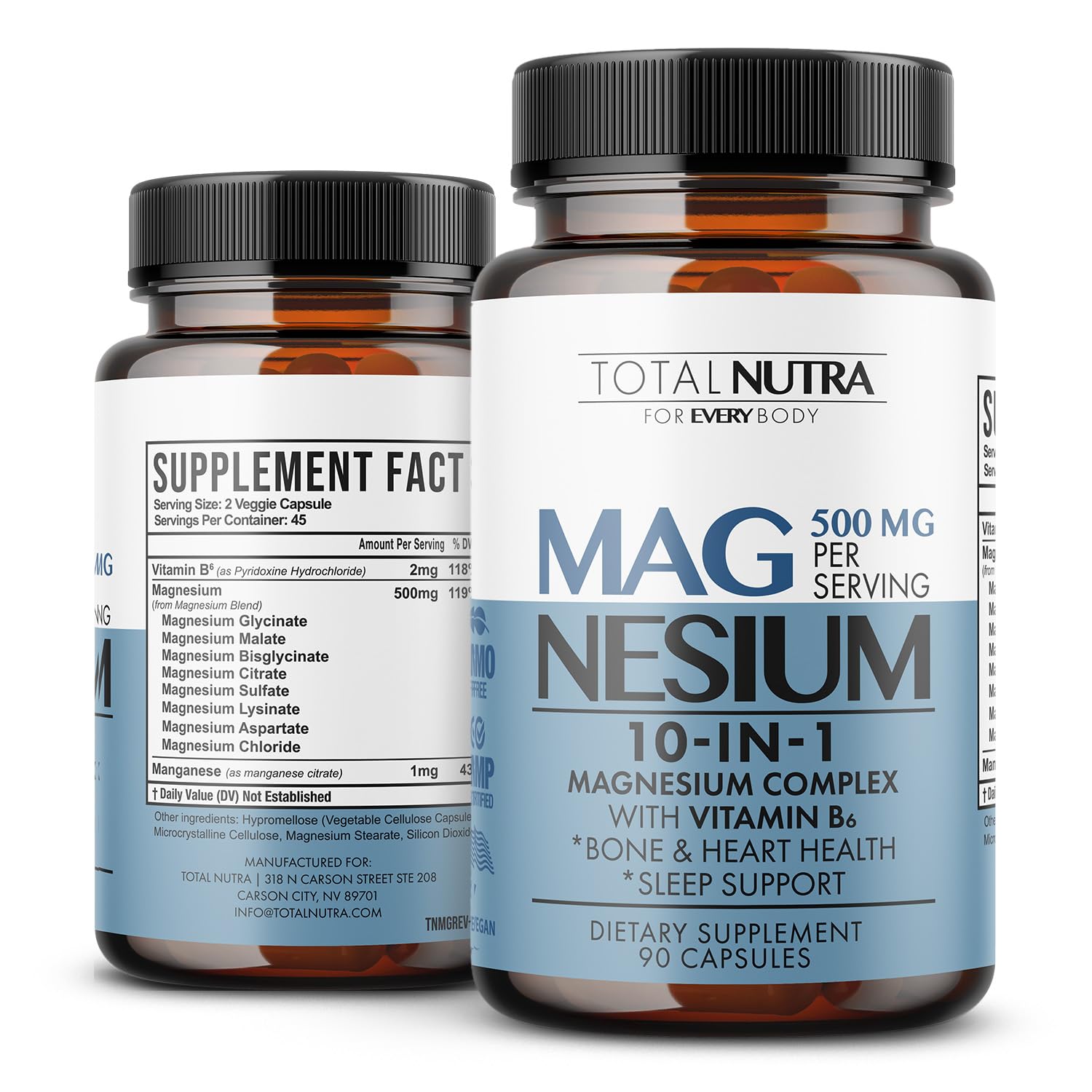 Two bottles of Total Nutra magnesium supplement on a white background