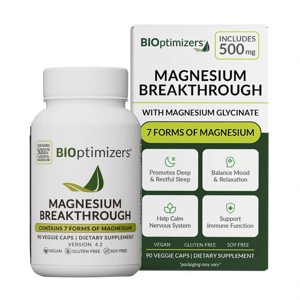 Supplement bottle and packaging of BioOptimizers Magnesium Breakthrough on a white background