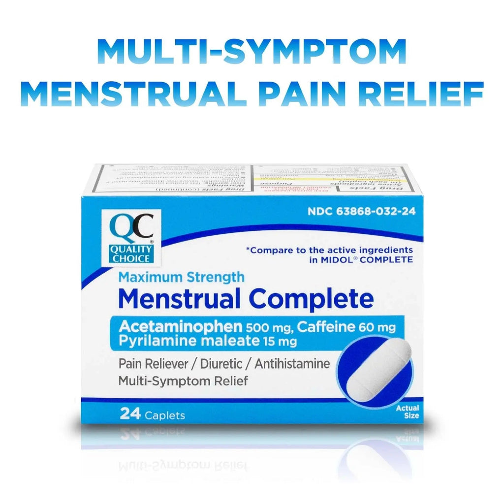 Quality Choice Menstrual Complete Max Strength Period Pain Relief, 500 mg of Acetaminophen, 60mg of Caffeine, 15mg of Pyrilamine Maleate, Cramps, Bloating, Headache. 24 Count. Quality ChoiceBuy Supplements Australia