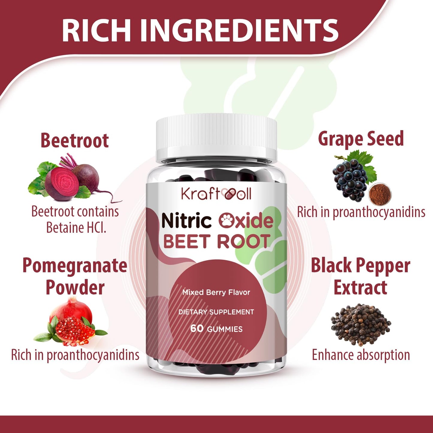 Kraftvoll Nitric Oxide Beet Root Gummies – Sugar-Free Beet Chewables, Mixed Berry Flavor with Grapeseed Powder, Pomegranate, Vitamin C & B12 – Nitric Oxide Supplements for Men – 60 Gummies (2 Bottles) Kraftvoll buy supplements Au