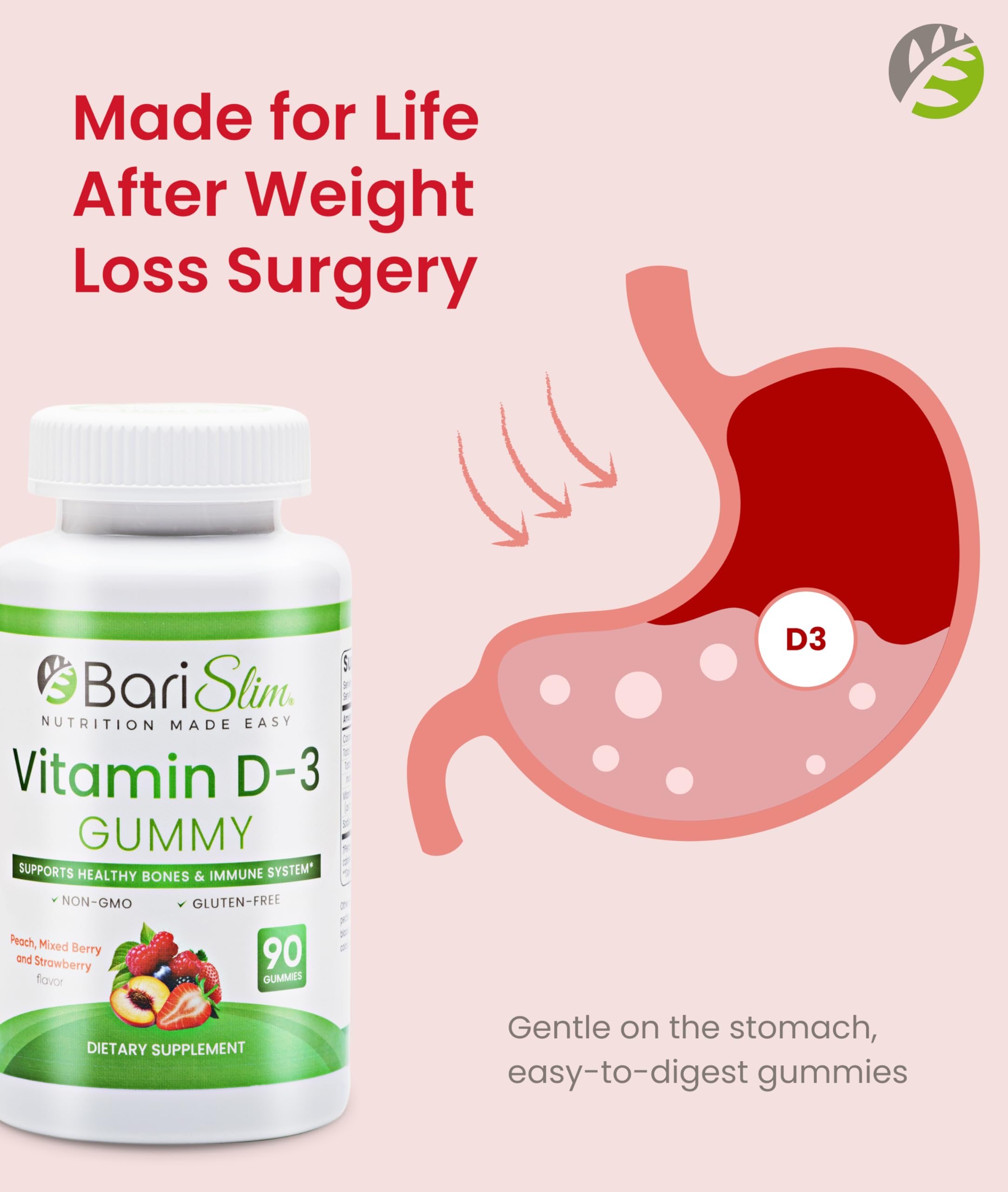 BariSlim Bariatric Vitamin D-3 Gummies - Specially Formulated Gummy Vitamin for Patients After Weight Loss Surgery - Easy to Digest and Great Tasting Fruit Flavors | 90 Fruit Chews BariSlim buy supplements Au