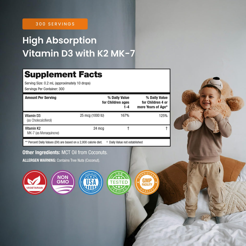 NutraChamps Kids Vitamin D 3 K2 Drops, Vitamin D3 & K2 MK-7, Liquid Vitamin D for Kids 1000 IU, Healthy Bones, Heart & Immune System,