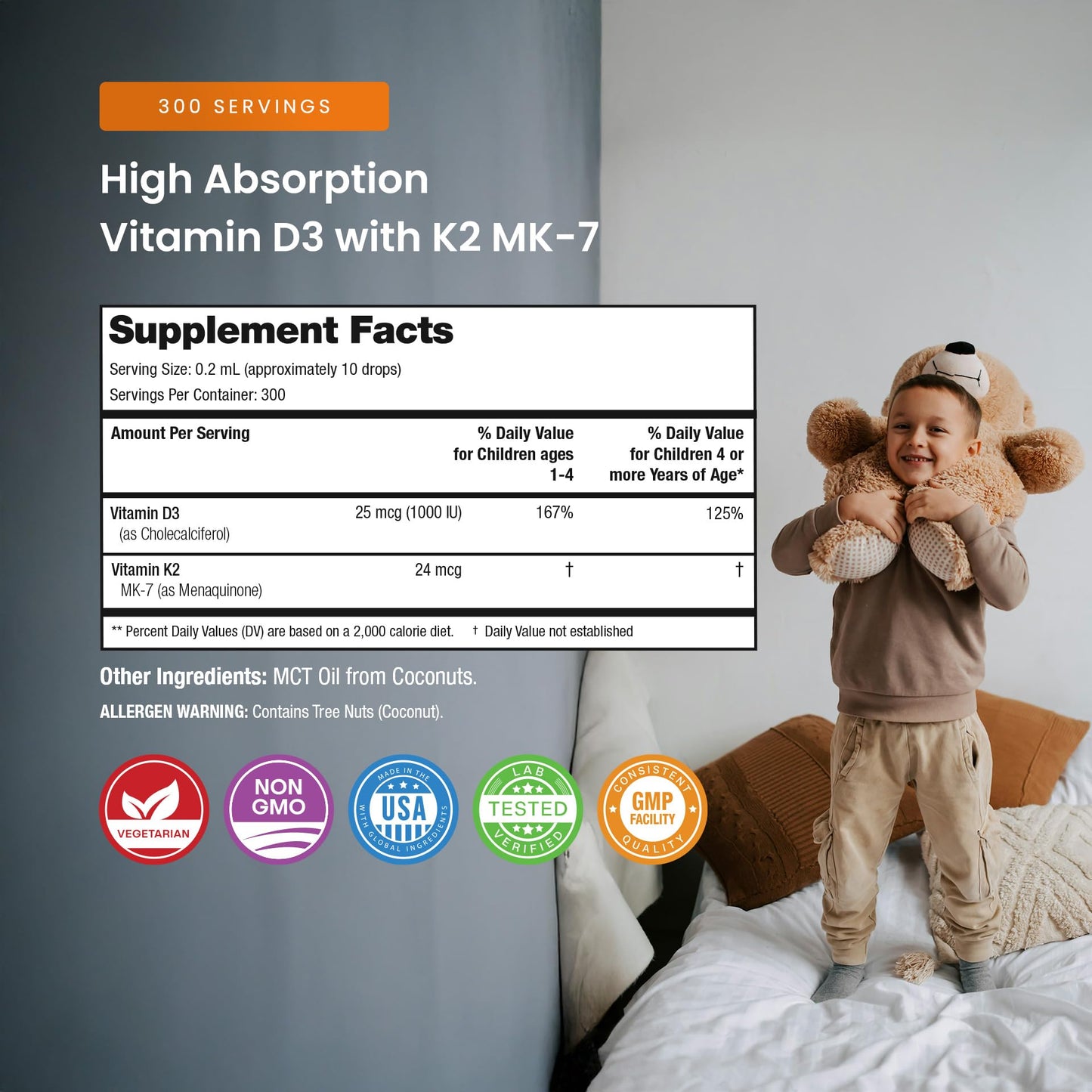 NutraChamps Kids Vitamin D 3 K2 Drops, Vitamin D3 & K2 MK-7, Liquid Vitamin D for Kids 1000 IU, Healthy Bones, Heart & Immune System,
