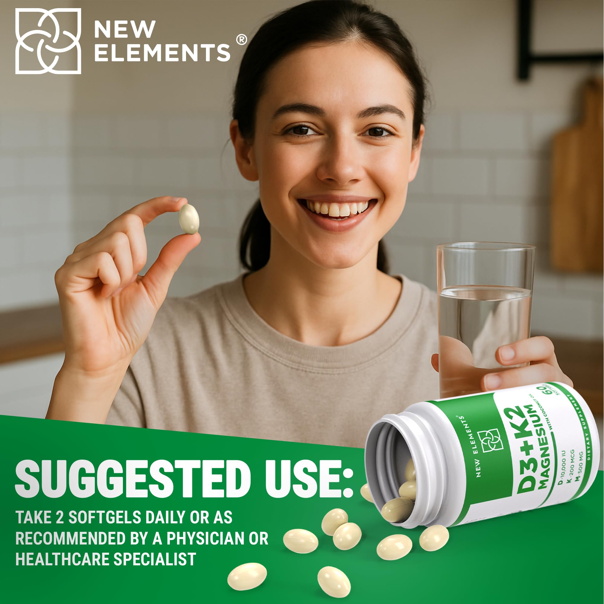 New Elements Vitamin D3 K2 10,000 IU with Magnesium Glycinate 500mg - Bone Health, Immune Support, Energy & Mood - Non-GMO, Gluten-Free