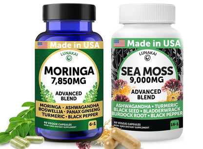 Two supplement bottles labeled 'Moringa' and 'Sea Moss' on a white background.