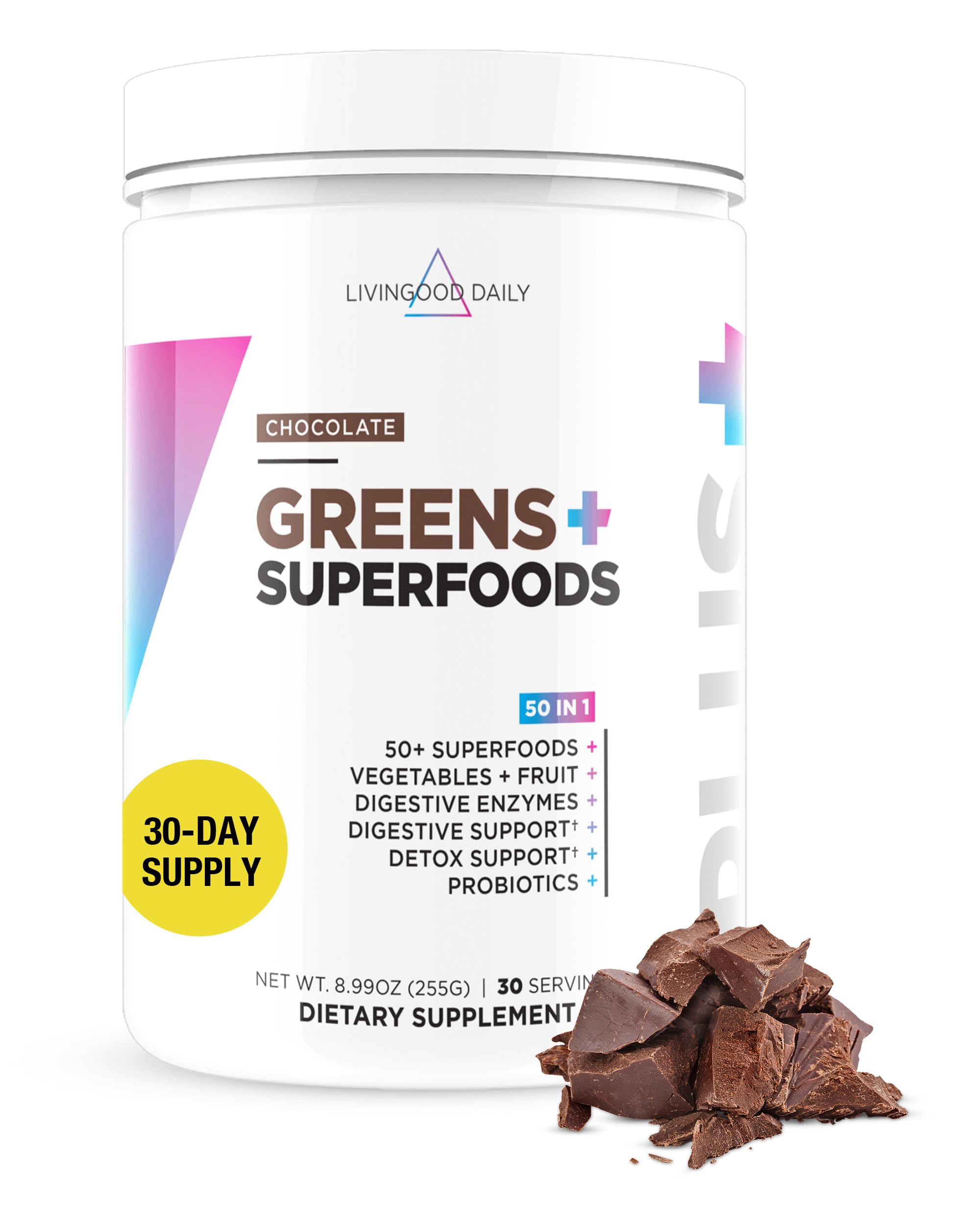 Livingood Daily Greens & Superfood Powder, Super Greens for Gut Health, Green Juice Powder with Spirulina, Chlorella, and Digestive Enzymes, Probiotics for Digestive Support, Chocolate, 30 Servings Livingood DailyBuy Supplements Australia