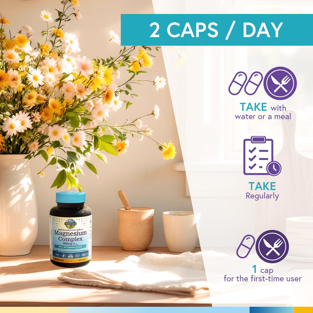 Terranics Magnesium Complex, 6-in-1, High Absorption, Glycinate, Citrate, Aspartate, Gluconate, Calmness, Heart, Bone, 240 Capsules, Non-Buffered Terranics buy supplements Au