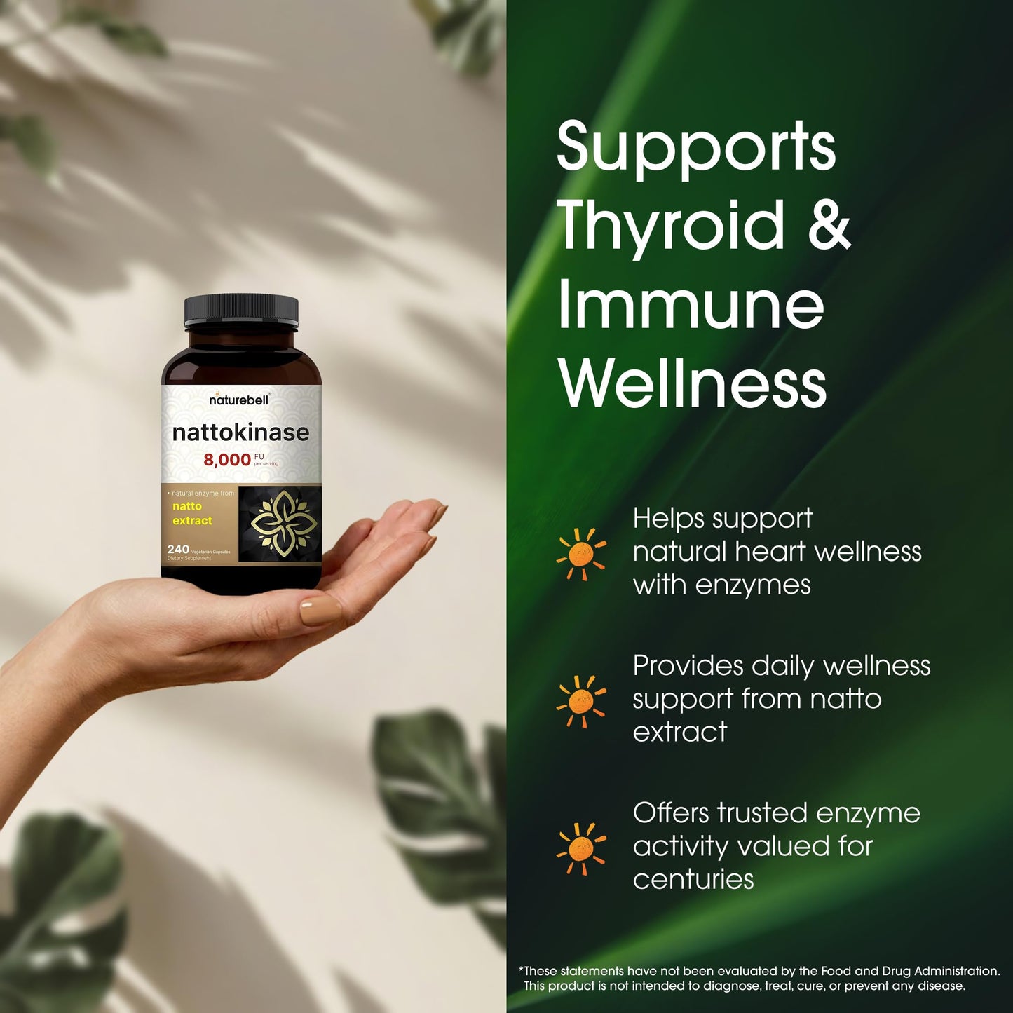 NatureBell Nattokinase - 240 Capsules - 8,000 FU Max Strength from Fermented Natto Extract - for Heart Health