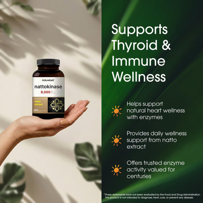 NatureBell Nattokinase - 240 Capsules - 8,000 FU Max Strength from Fermented Natto Extract - for Heart Health