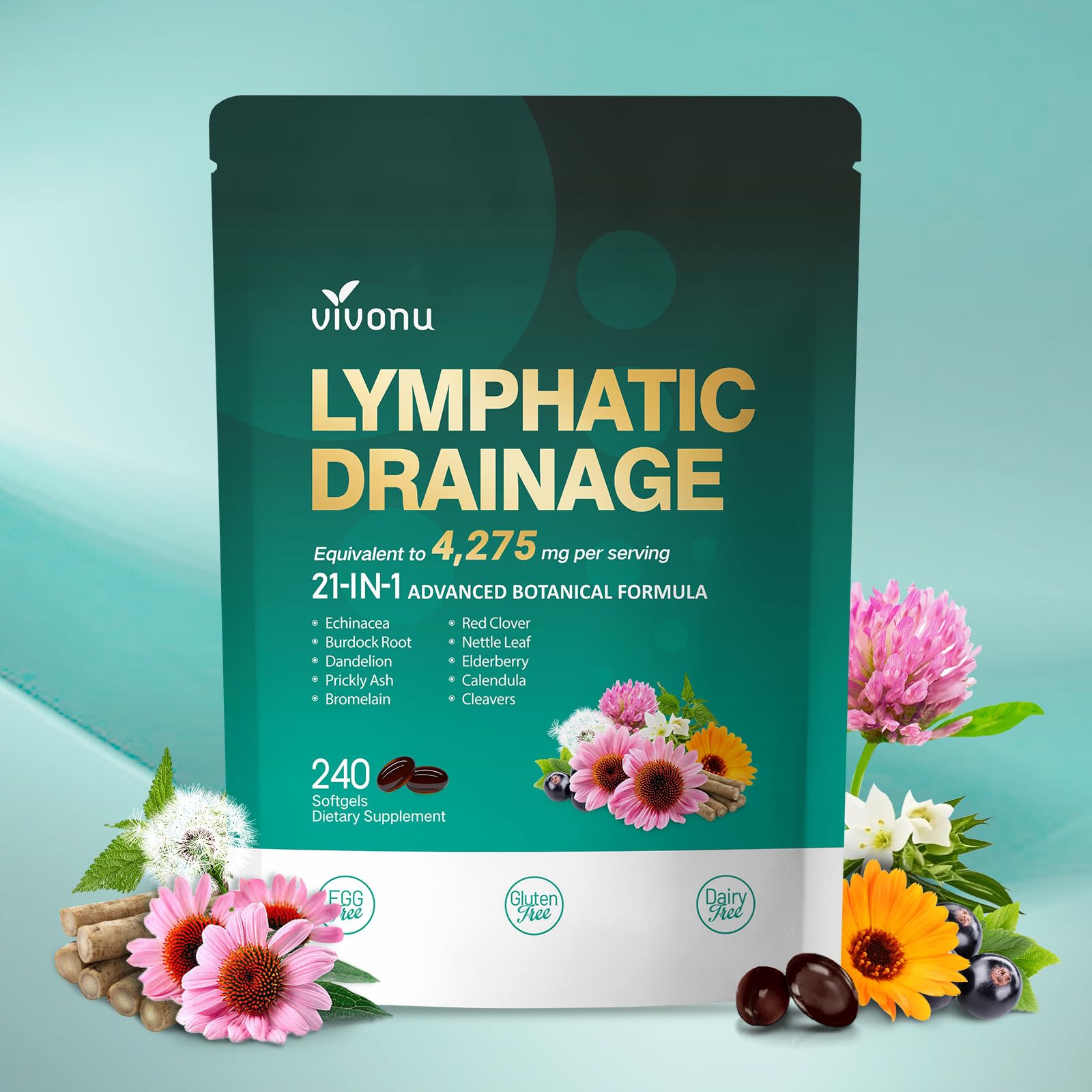 Lymphatic Drainage Supplements, 240 Softgels, Lymph System Support Supplement for Women & Men, 21-in-1 Herbal Blend with Echinacea, Dandelion, Burdock, Bromelain, Calendula, Turmeric & More, 1 Bag VivoNu buy supplements Au