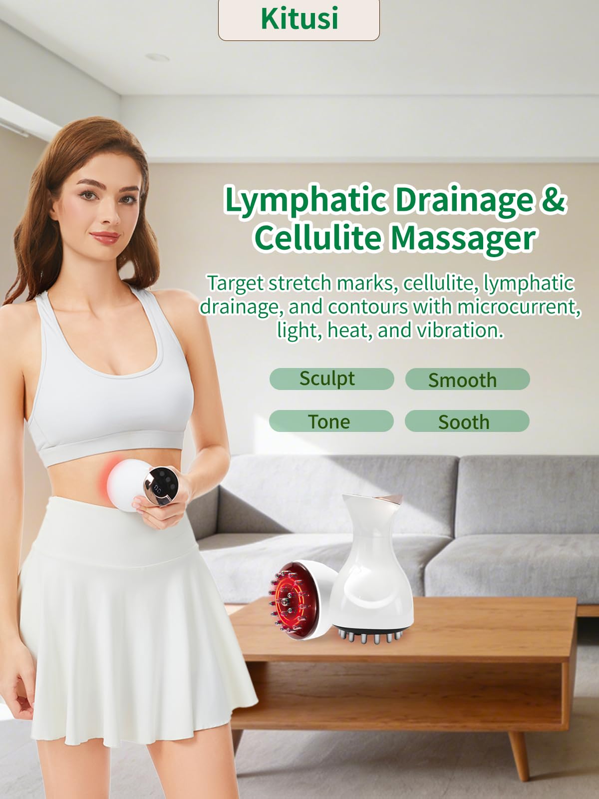Kitusi Lymphatic Drainage Massager & Anti Cellulite Massage Tool, for Legs, Arms & Belly, Body,Helps Reduce Stretch Marks & Cellulite,with Microcurrent, Light Heat & Vibration (White) Kitusi buy supplements Au