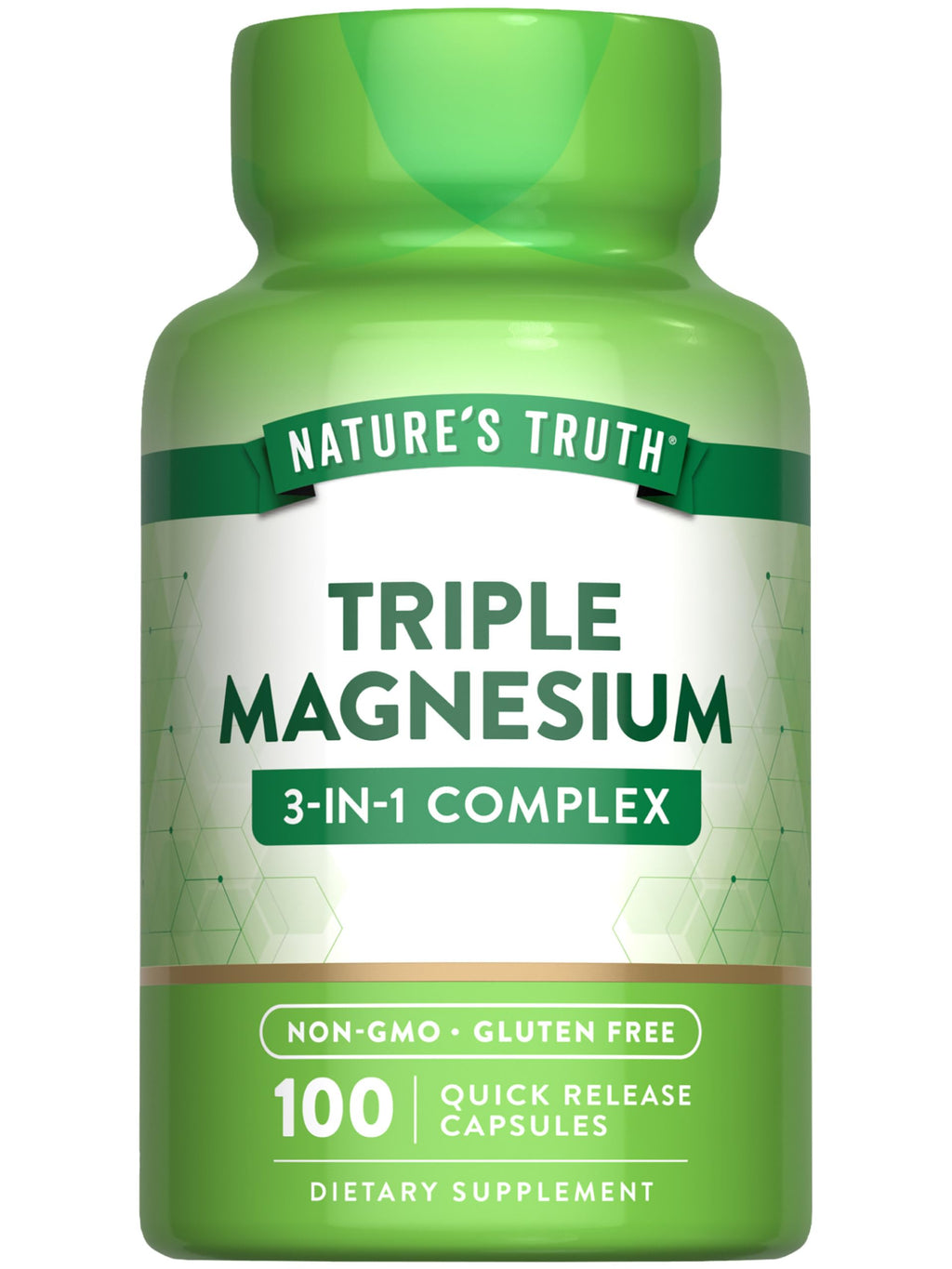 Green bottle of Nature's Truth Triple Magnesium supplement on a white background