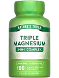 Green bottle of Nature's Truth Triple Magnesium supplement on a white background