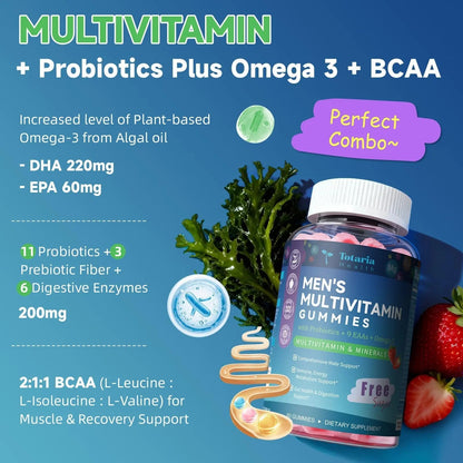 Totaria Sugar Free Multivitamin for Men with Omega 3, Probiotics, Mens Multivitamins Gummies w/Methylated B Complex Totaria