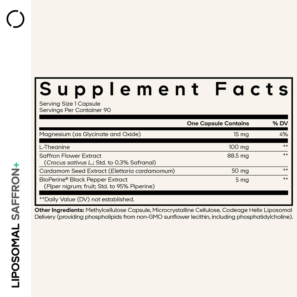 Codeage Liposomal Saffron+ Supplement - Saffron Extract, Magnesium, L-Theanine, Cardamom, BioPerine - 3-Month Supply - Kesar Spice, Liposomal Delivery - Non-GMO - 90 Capsules CodeageBuy Supplements Australia