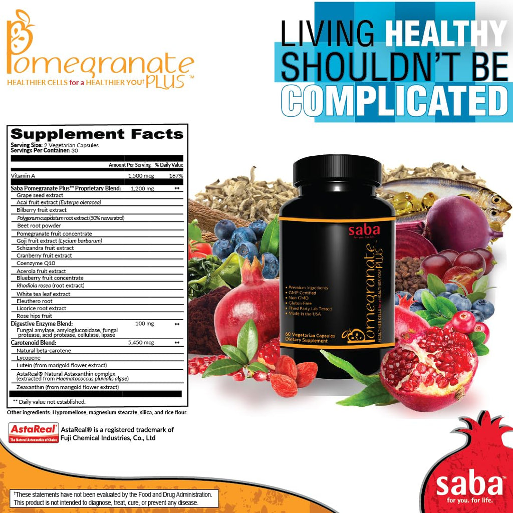 Saba Pomegranate Plus – Antioxidant Supplement with Astaxanthin & Adaptogens | Immune, Skin, Heart & Brain Support | Daily Stress & Cellular Wellness | 60 Capsules SabaBuy Supplements Australia