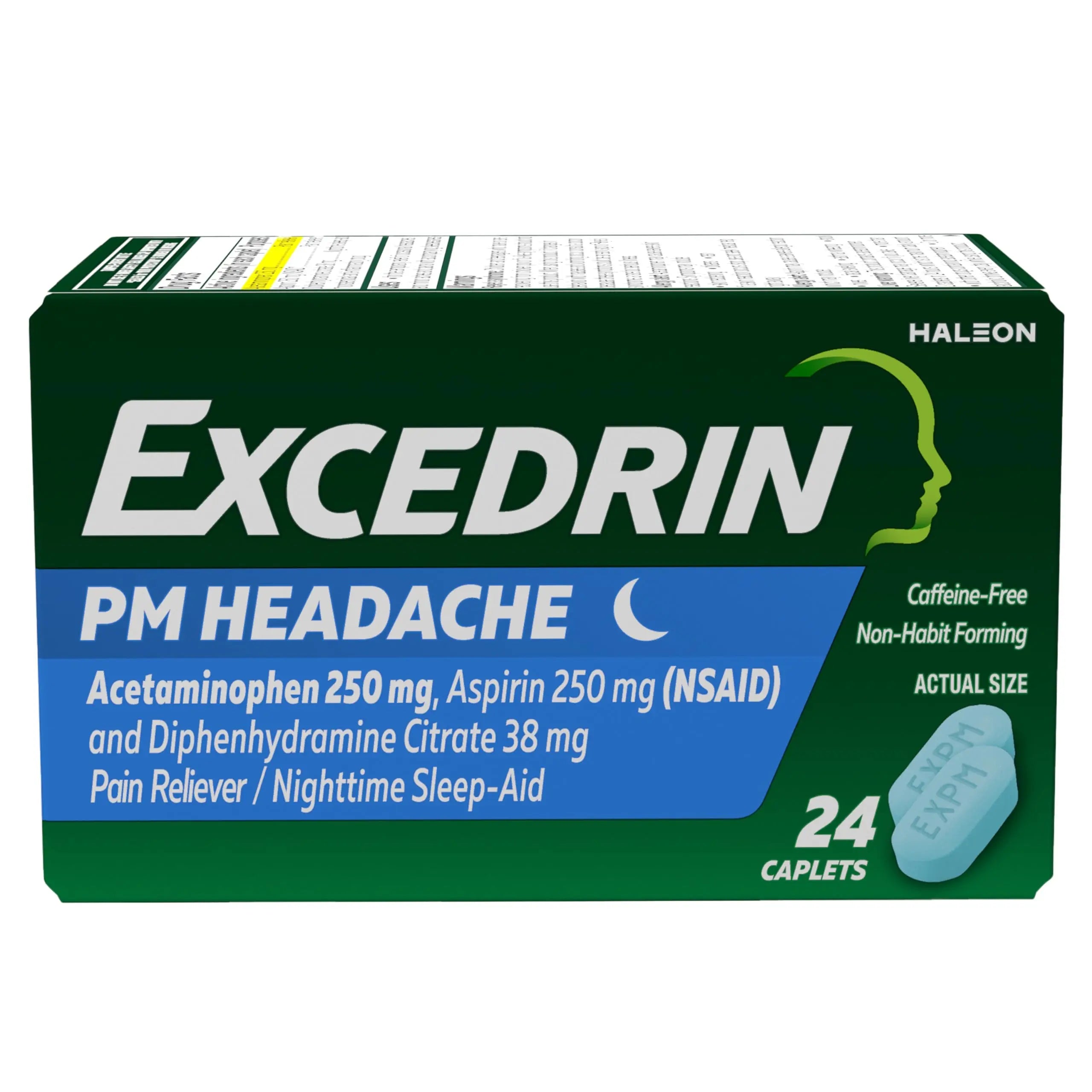 Excedrin PM for Headache Relief, Acetaminophen 250mg, Aspirin 250mg, Diphenhydramine Citrate 38mg, Pain Reliever, Nighttime Sleep-Aid, 24 Count ExcedrinBuy Supplements Australia
