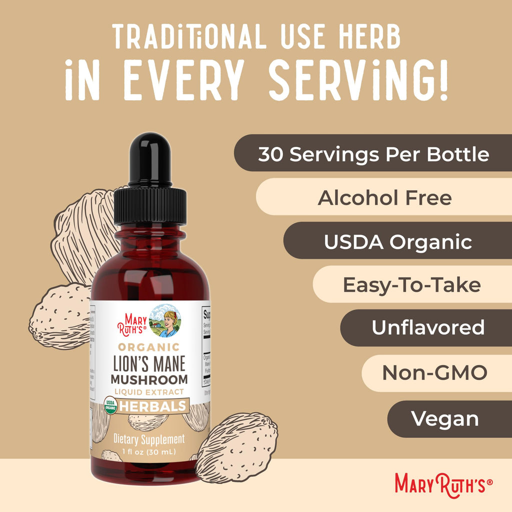 MaryRuth Organics Lions Mane Mushroom Supplement, Up to 1 Month Supply, Nootropic USDA Organic Lions Mane Extract Nervine Herbal Liquid Drops, Brain Health Non-GMO