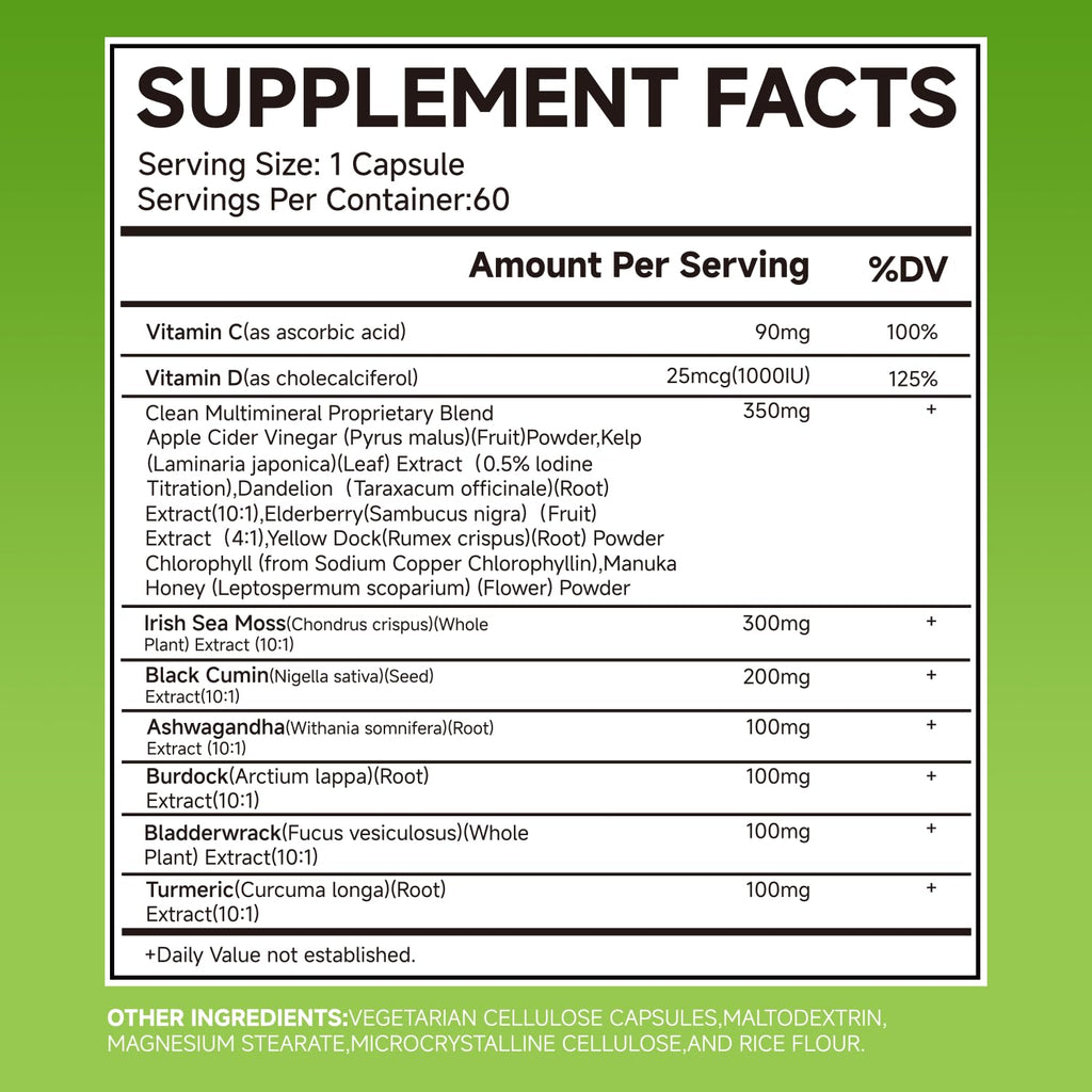 LEMON CODE Sea Moss & Black Seed Oil Capsules with Burdock & Bladderwrack & Ashwagandha, Vitamin C&D,Natural Herbal Complex for Daily Balance, Energy & Digestive Support, Vegan, Non-GMO, 60 Capsules LEMON CODEBuy Supplements Australia